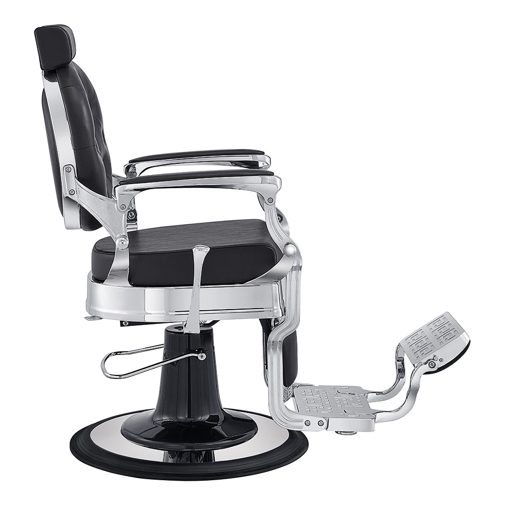 Barber chair with black and silver design on a white background