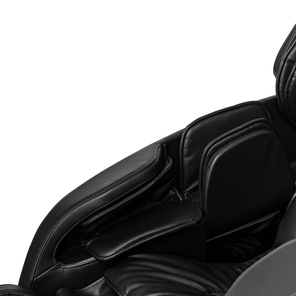 Close-up of the inside of the side panel of a Black Inner Balance Wellness Jin 2.0 Massage Chair with sleek design