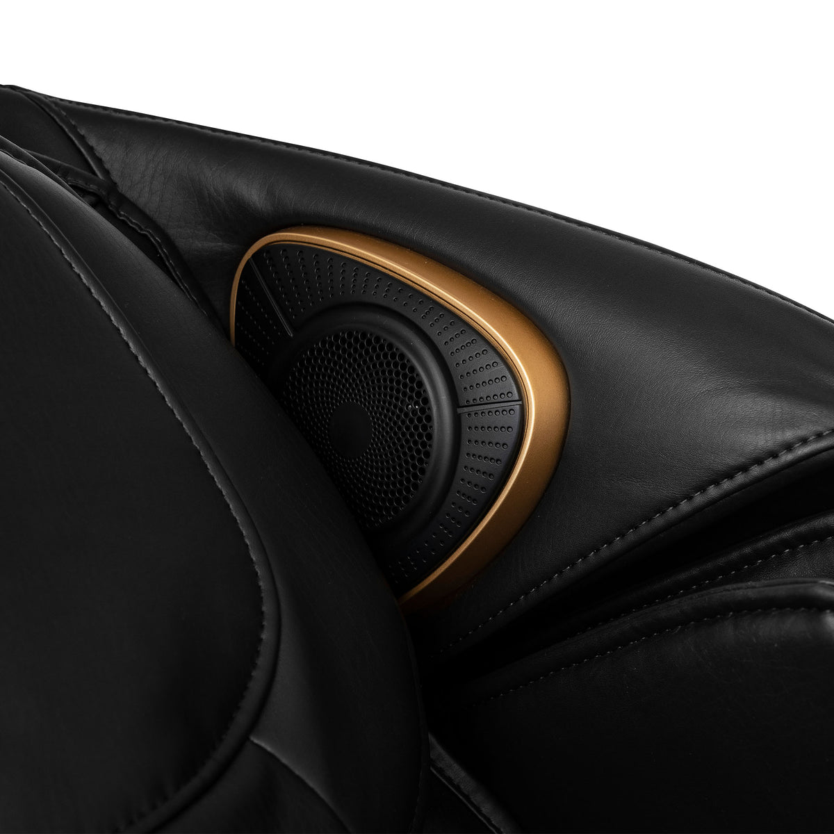 Rearview of the built-in speaker on a black leather Inner Balance Wellness Jin 2.0 Massage Chair