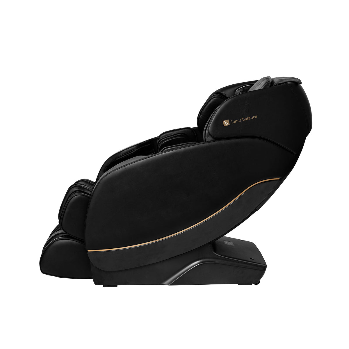 Partially reclined Inner Balance Wellness Jin 2.0 Massage Chair featuring black and gold accents