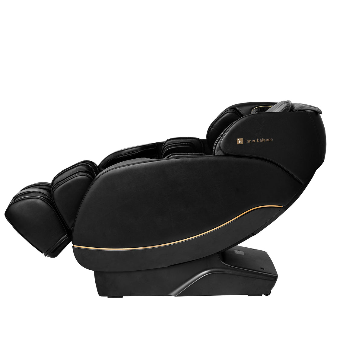 Partially reclining Gold-trimmed Inner Balance Wellness Jin 2.0 Massage Chair in black leather