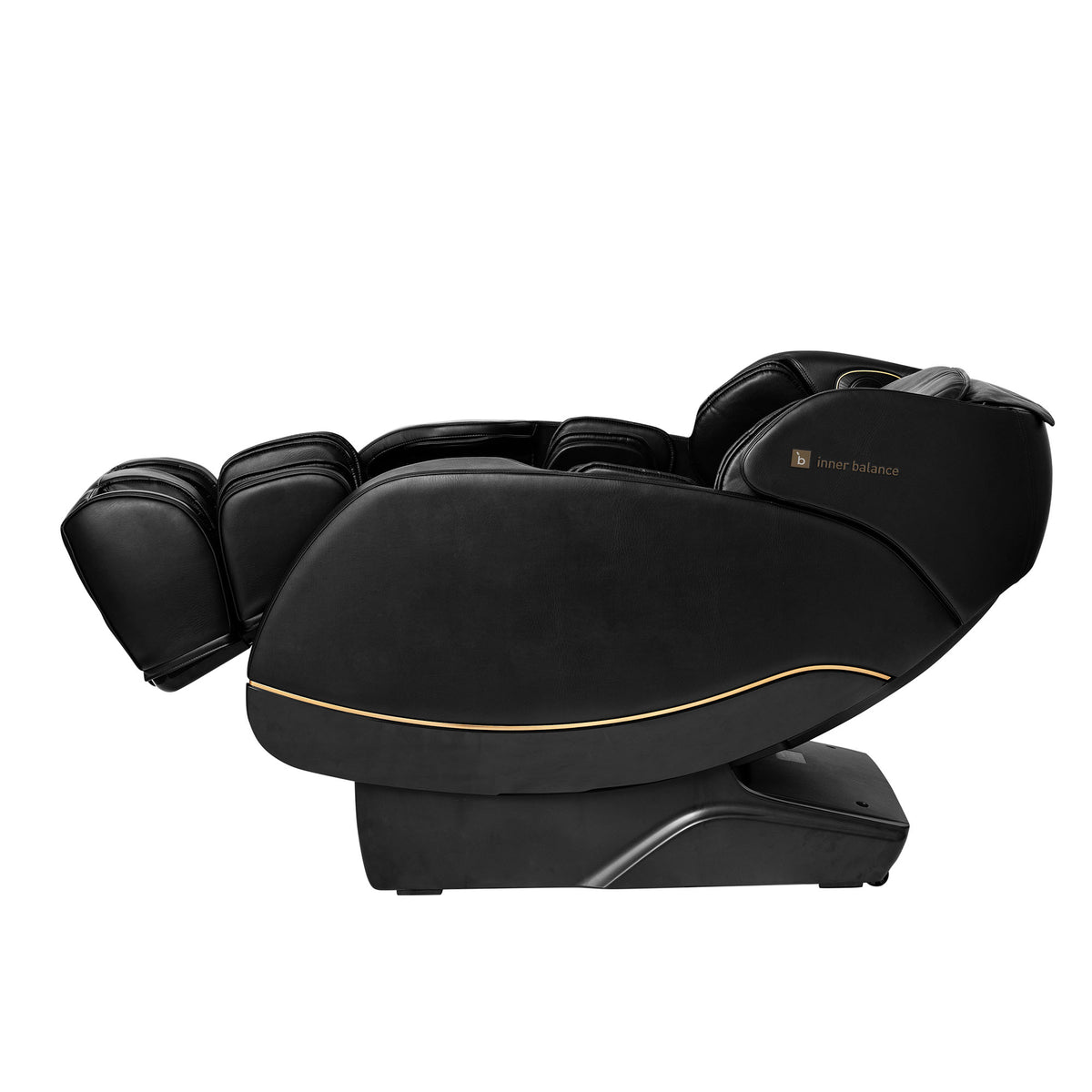 Fully reclining Gold-trimmed Inner Balance Wellness Jin 2.0 Massage Chair in black leather with gold trimming