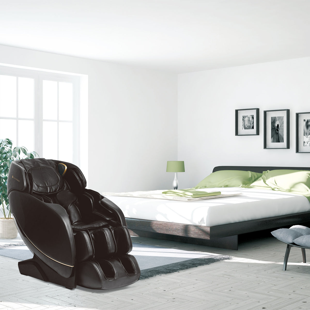 Inner Balance Wellness Jin 2.0 Massage Chair positioned in a cozy bedroom setting