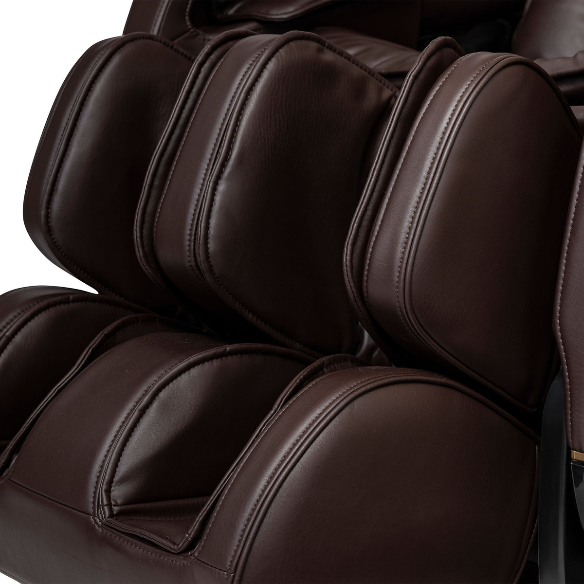 Thick cushioned massage seating positions showcased on a brown leather Inner Balance Wellness Jin 2.0 Massage Chair