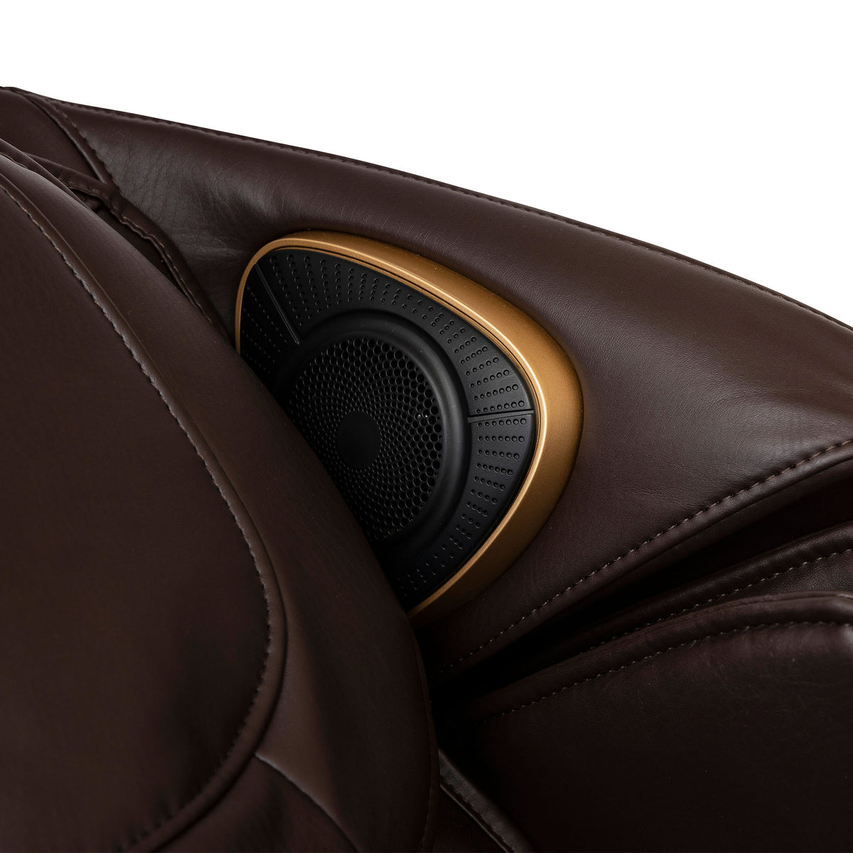 Inner Balance Wellness Jin 2.0 Massage ChairRear view of the built-in speaker on a brown leather Inner Balance Wellness Jin 2.0 Massage Chair
