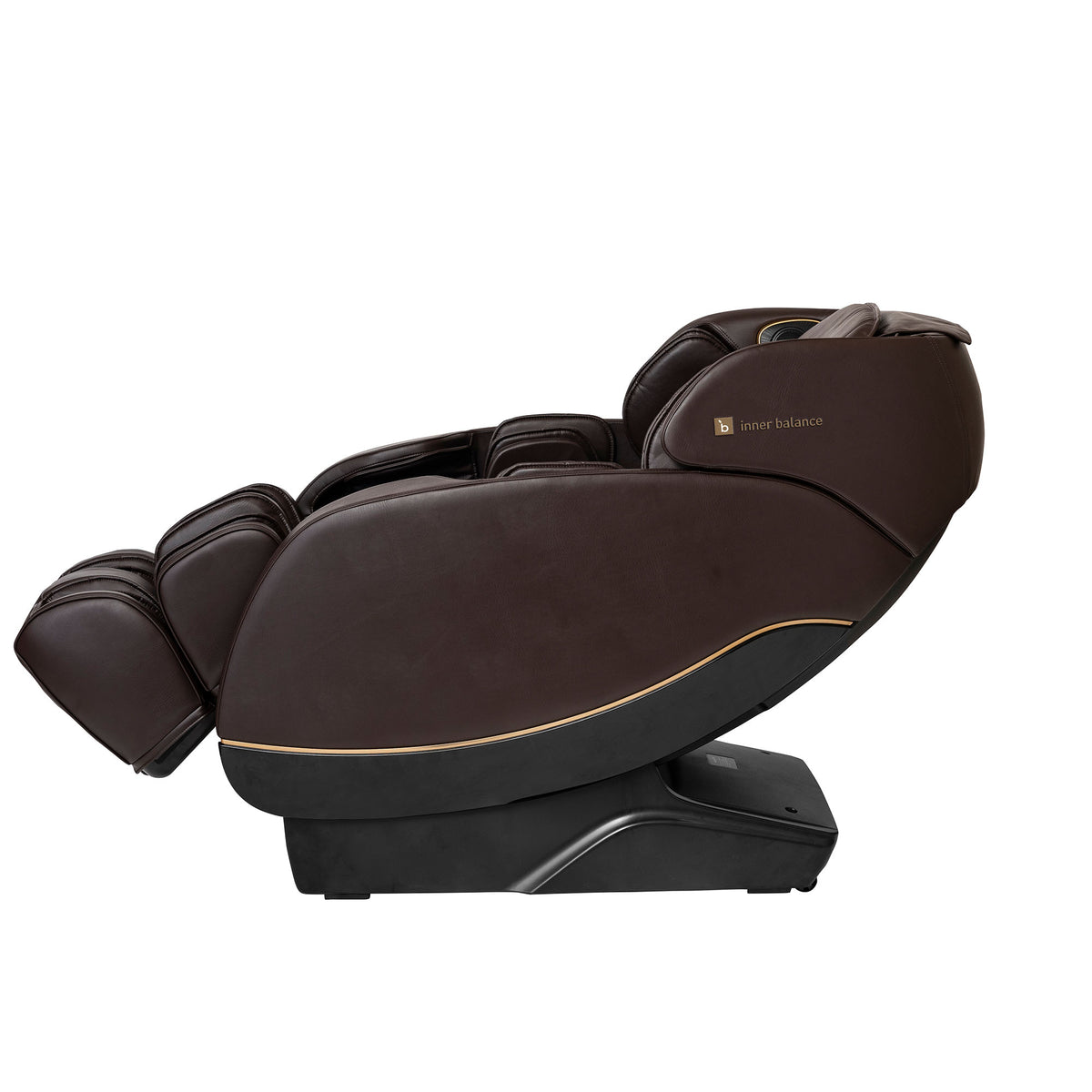 Partially reclined brown leather upholstery on Inner Balance Wellness Jin 2.0 Massage Chair