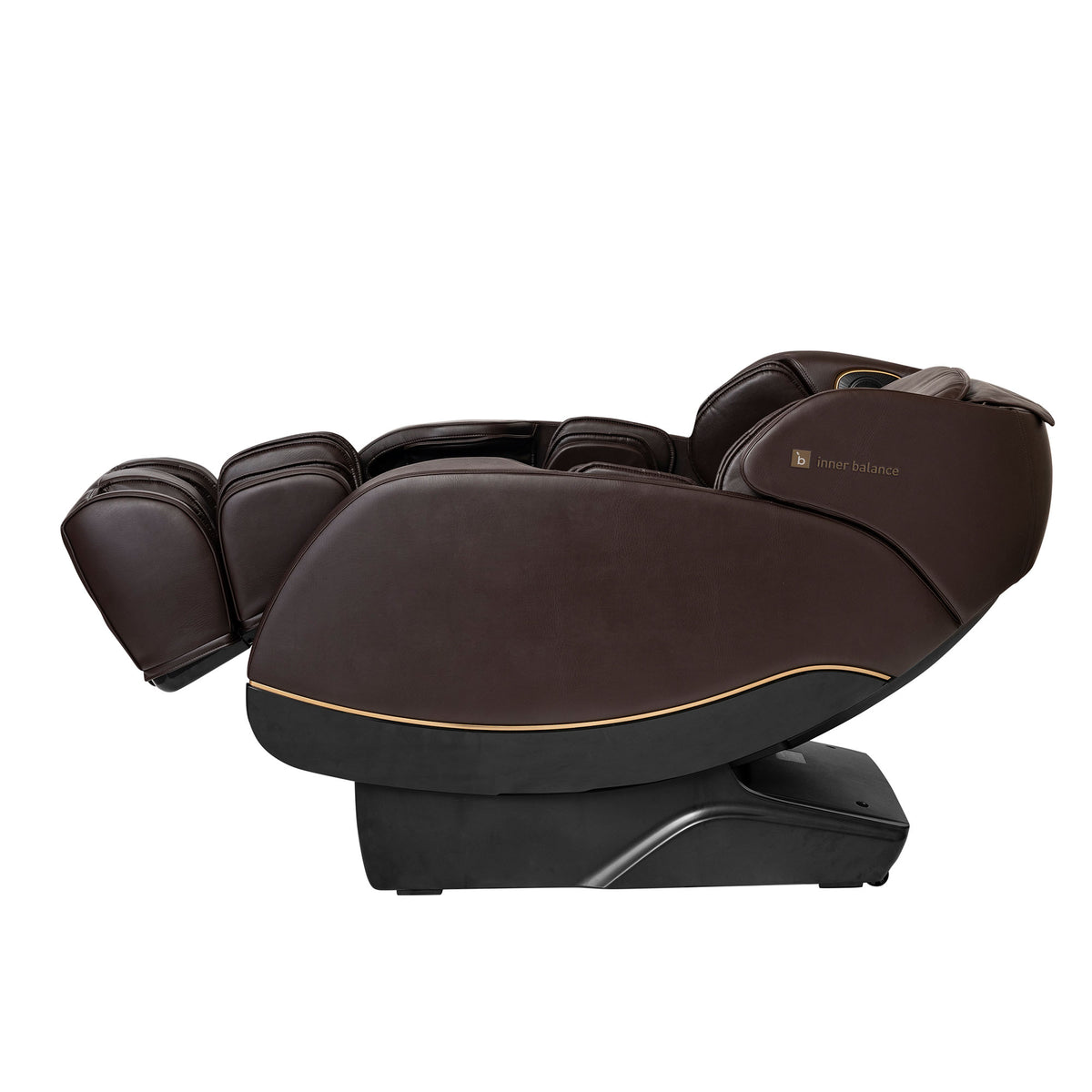 Side view of an almost fully reclined Inner Balance Wellness Jin 2.0 Massage Chair in brown leather