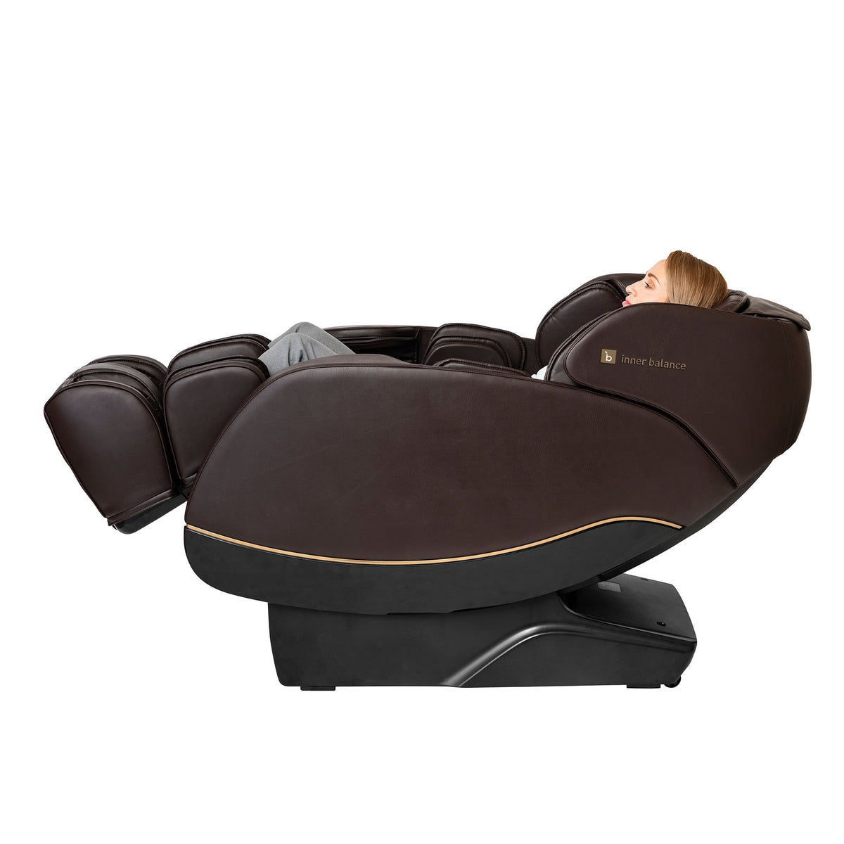 Woman enjoying a reclined elegant brown leather Inner Balance Wellness Jin 2.0 Massage Chair