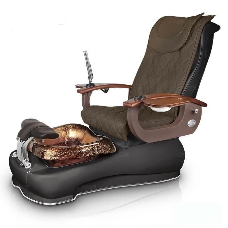 Brown leather Gulfstream La Fleur 3 Chair with black base and brown 9621 chair, armrests with manicure tables and cup-holder and rustic gold foot spa