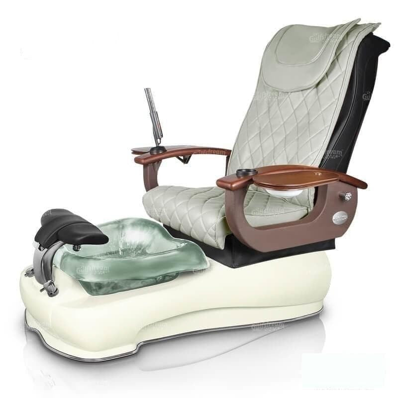 Gulfstream La Fleur 3 Chair with pearl-white base and gray 9621 chair, armrests with manicure tables and cup-holder and  clear reflection foot spa