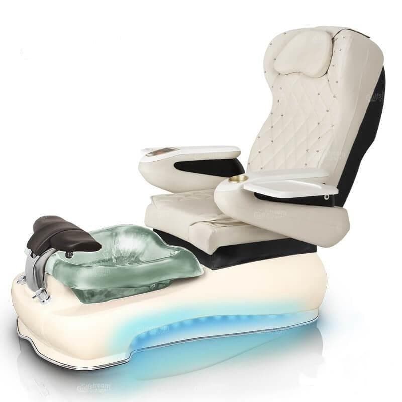 Gulfstream La Fleur 3 Chair with pearl white base and pearl white 9660 chair, armrests with manicure tables and cup-holder and clear reflection foot spa