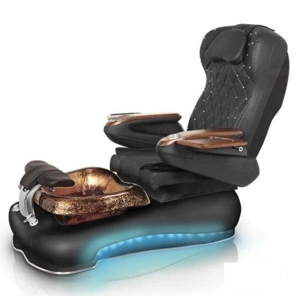 Full-Black Gulfstream La Fleur 3 Chair with black base and black chair with armrests with manicure tables and cup-holder. Rustic gold foot spa and LED illuminated base